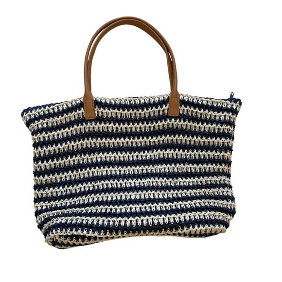H&M Navy & Ivory Boho Raffia Straw Tote Shoulder Beach Bag Lined, Beige Handles - Picture 1 of 15